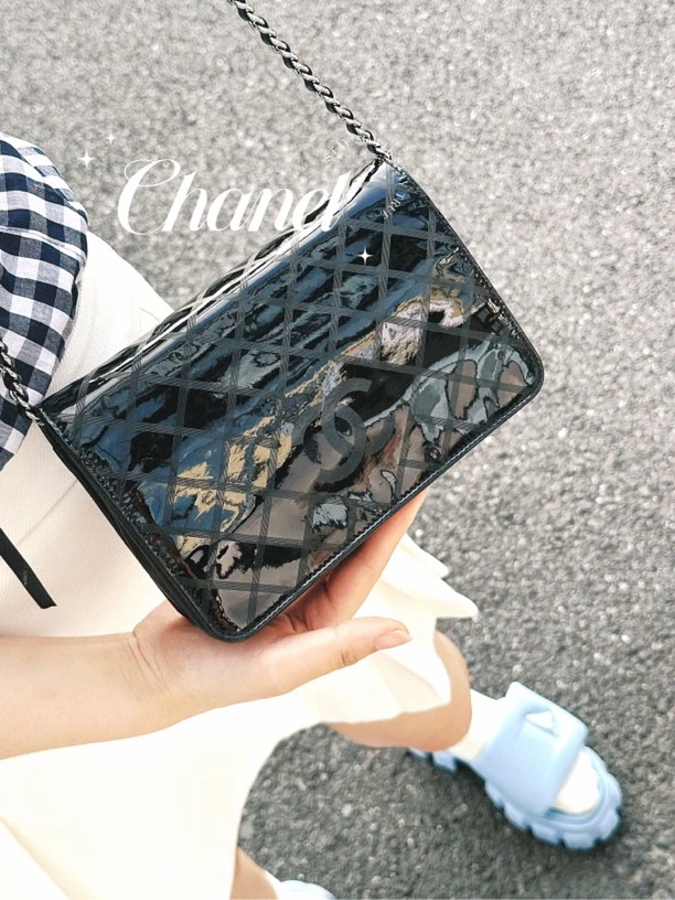 95新 Chanel/香奈儿 黑色漆皮格纹Woc链条单肩包