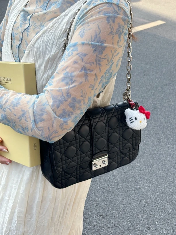 95新 DIOR/迪奥 黑银羊皮Miss Dior链条单肩包
