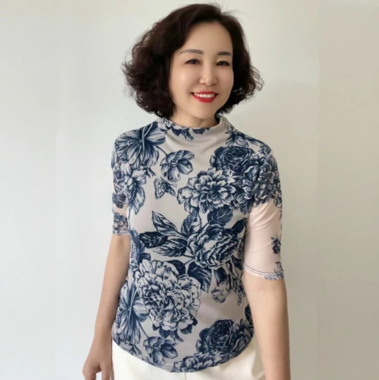 【华姐推荐】夏季新款中袖网纱印花打底衫气质修身青花瓷印花T恤
