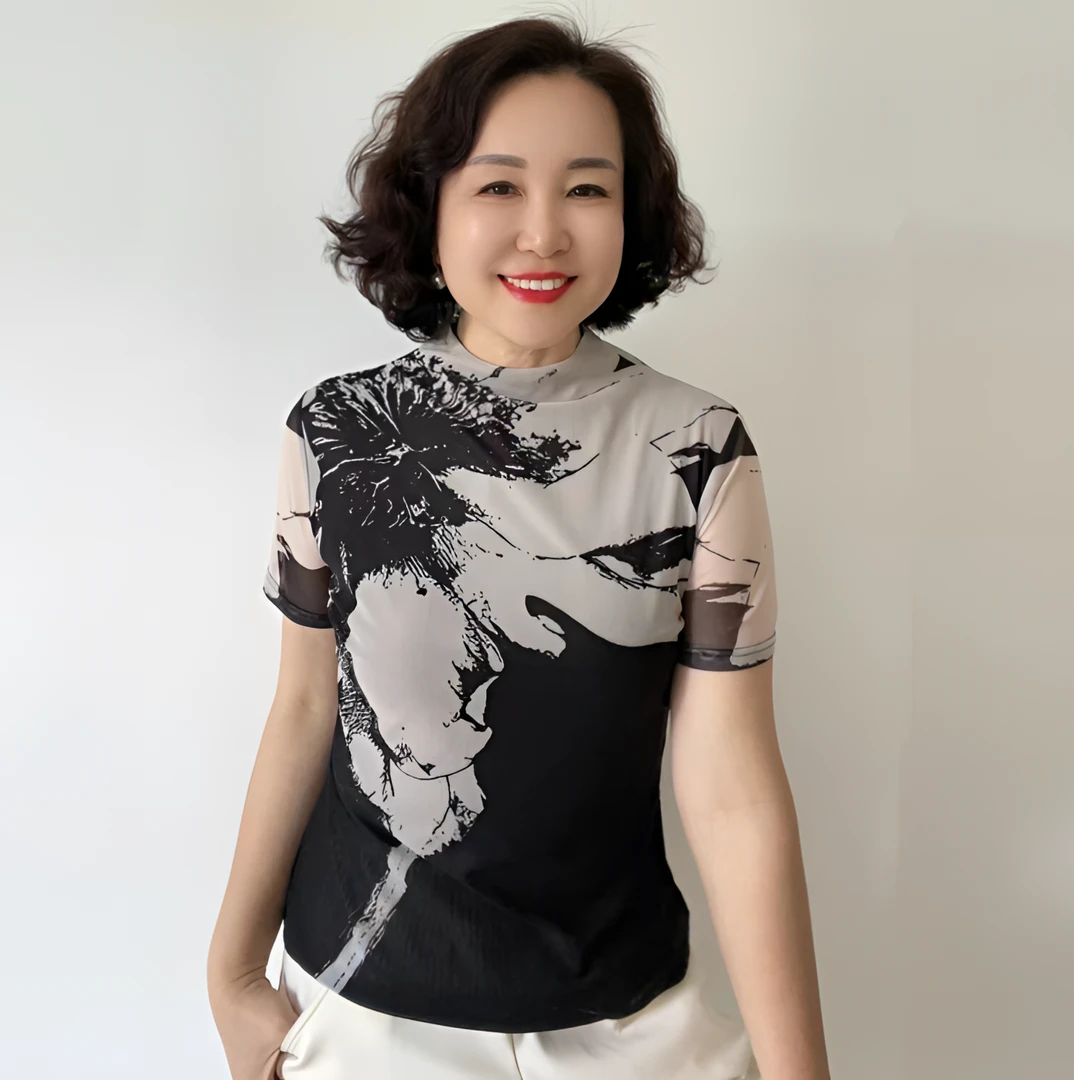 【华姐推荐】夏季时尚网纱印花短袖圆领T恤弹力修身显瘦百搭上衣