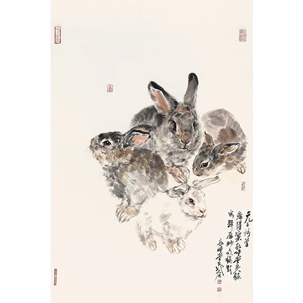中国首套关公邮票设计者画家晁谷生肖画系列之癸卯兔年明信片6张