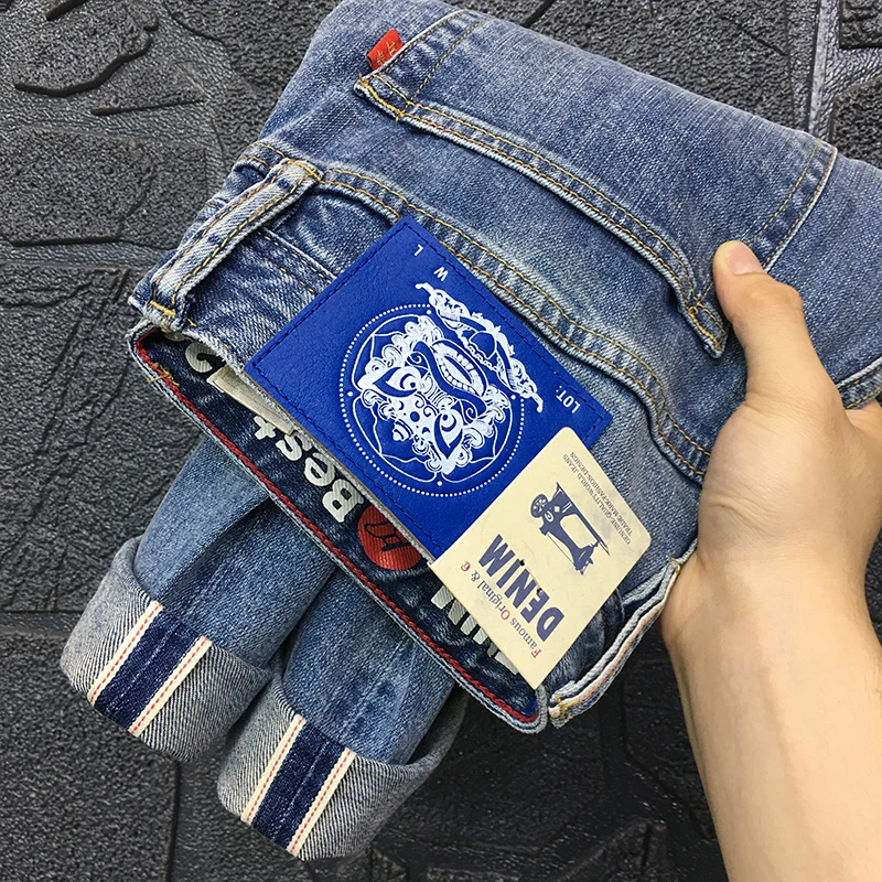 轻奢赤耳丹宁牛仔裤男2023新款潮流蓝色修身直筒中腰微弹九分裤子
