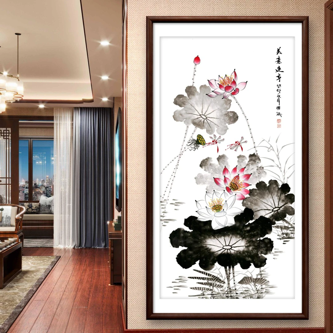 新中式带框装裱玄关《美意连年》微喷复刻办公室客厅书房实木画框