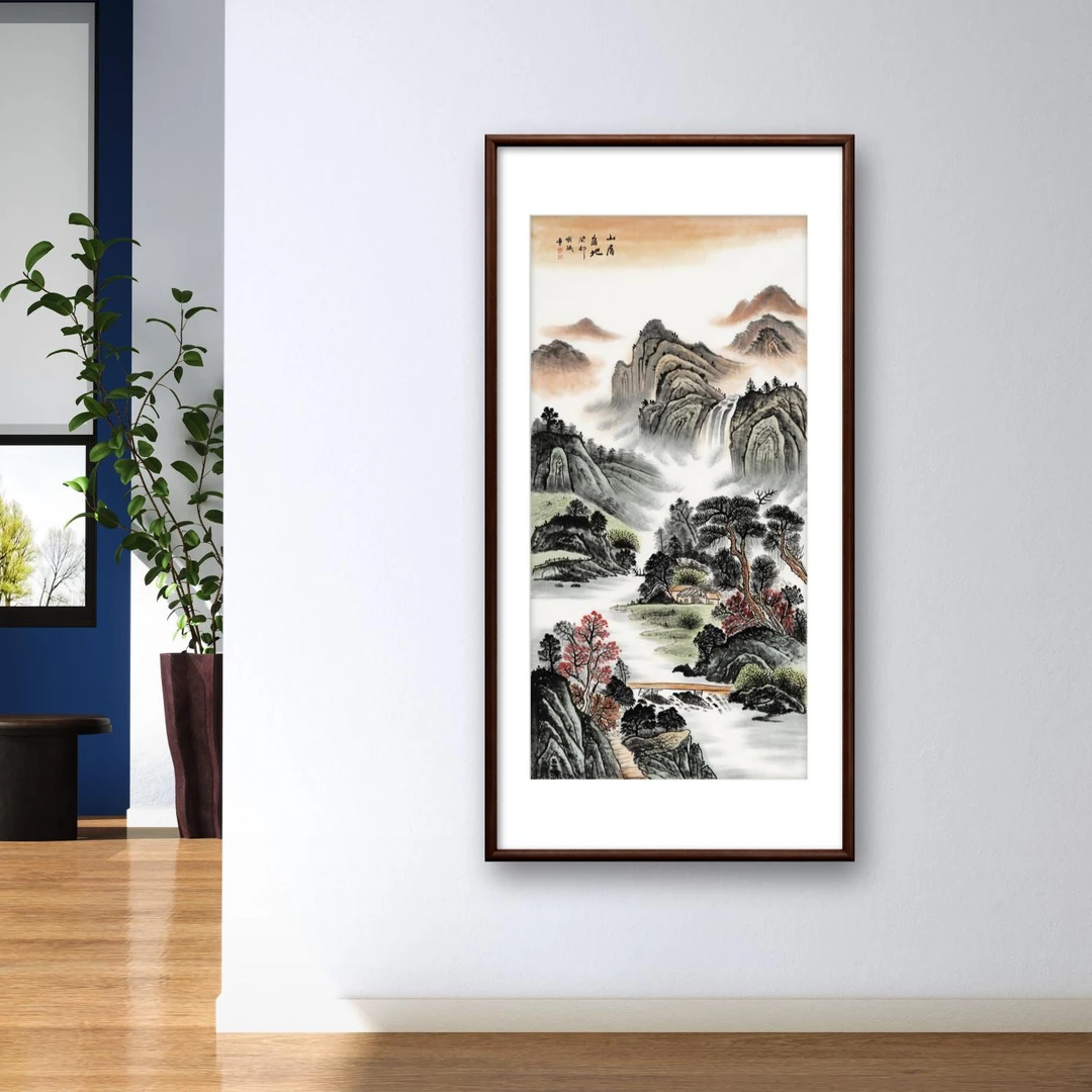 新中式带框装裱玄关《山居富地》微喷复刻办公室客厅书房字画挂墙