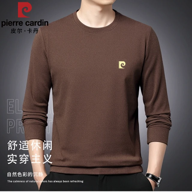 皮尔卡丹新款春秋圆领长袖男士商务柔软舒适纯色高档休闲时尚轻奢