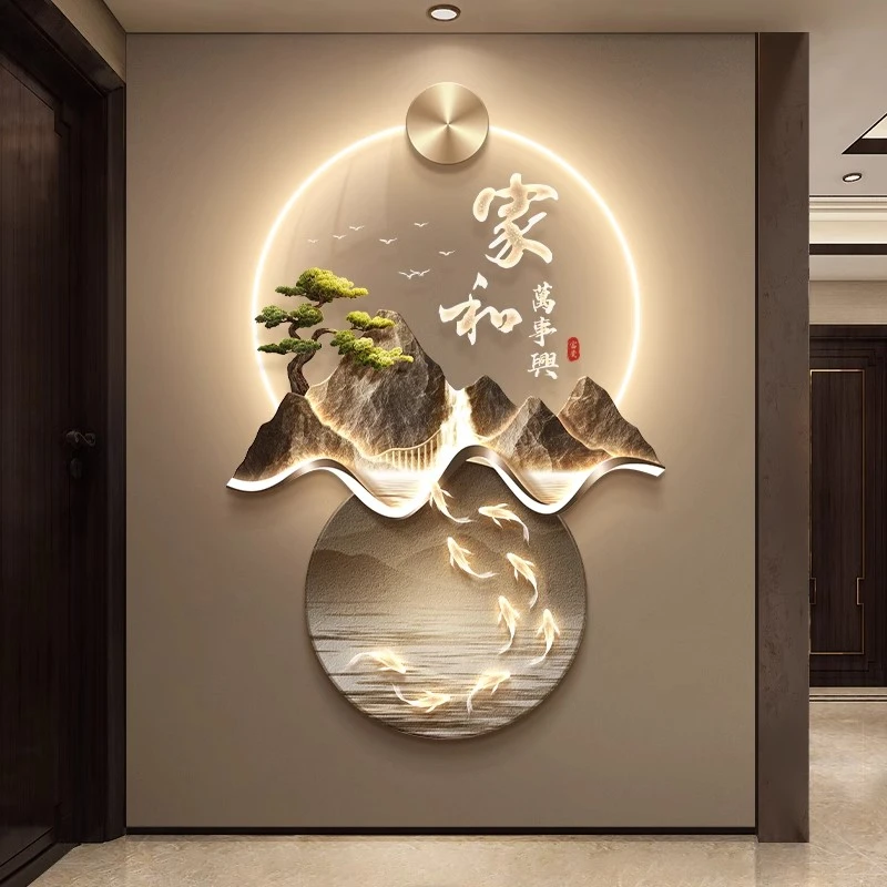 家和万事兴玄关装饰画流水生财走廊过道挂画新中式大气山水壁灯画