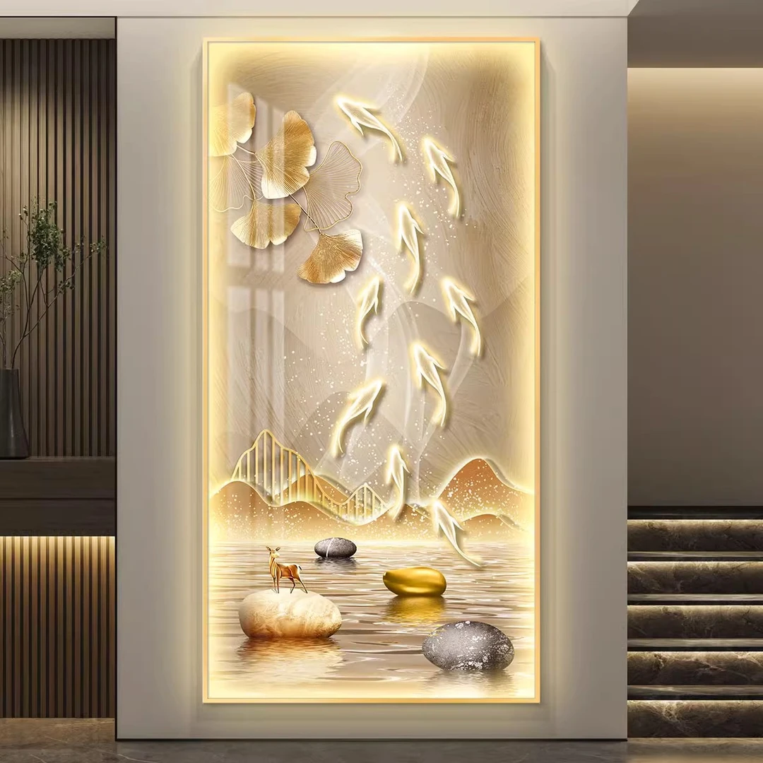 九鱼图led灯轻奢入户玄关装饰画走廊过道挂画壁画简约现代高级感