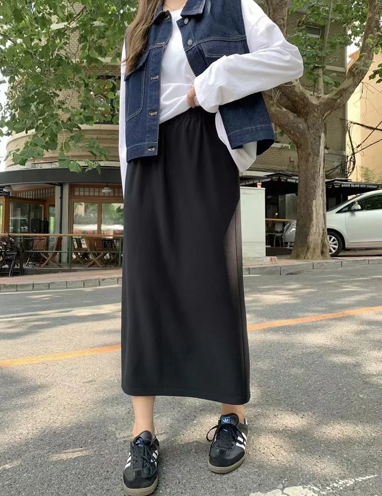 (晓晓家)微胖大码秋冬后边开衩垂感百搭黑半裙(130-185斤)