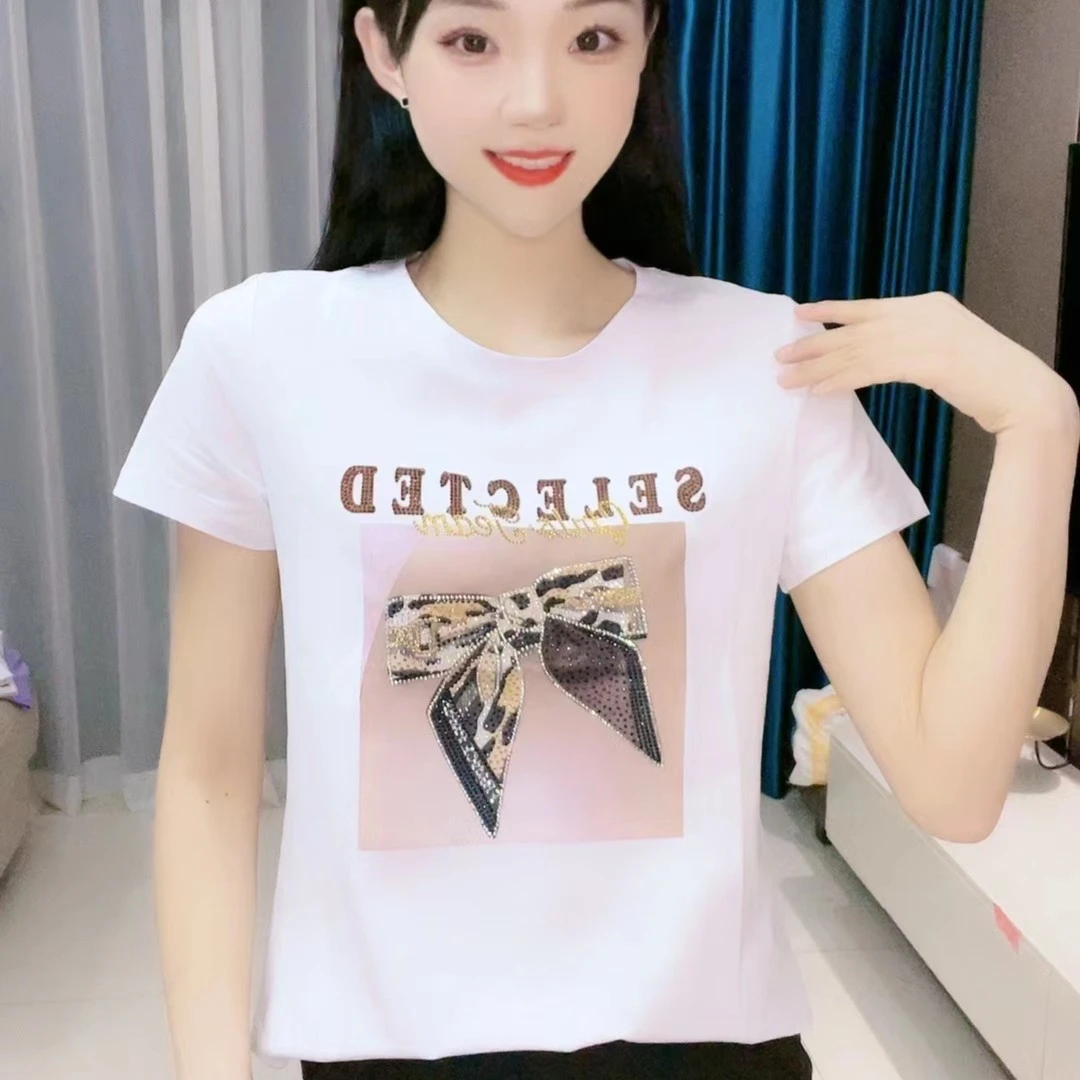 2023年夏季显瘦时尚休闲圆领女士短袖打底透气蝴蝶百搭烫钻棉T恤