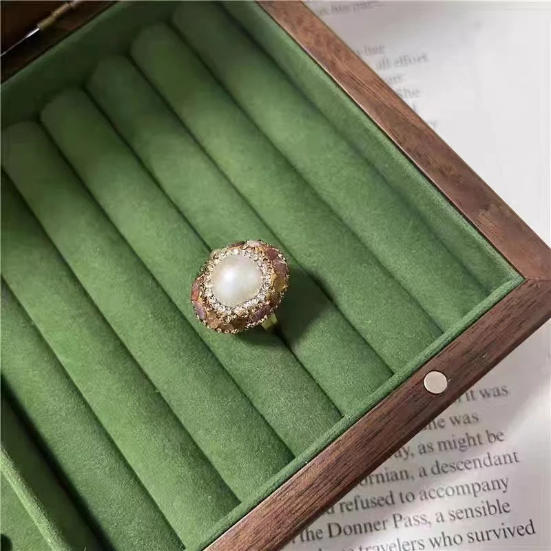 铜合金耳饰 天然巴洛克手工镶钻高端气质复古戒指