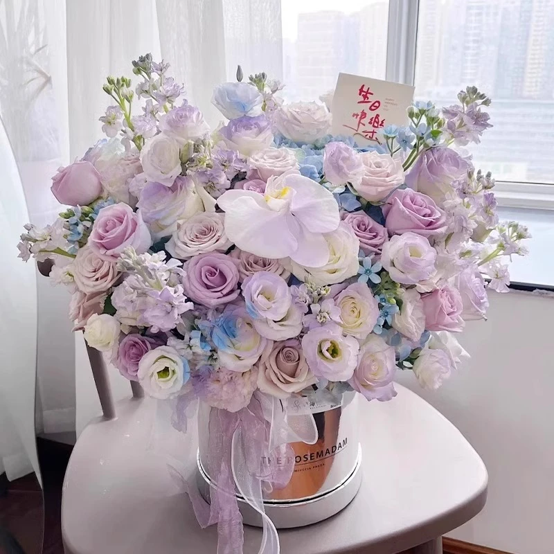 高端蝴蝶兰绣球抱抱桶玫瑰花束鲜花速递女生生日鲜花同城花店配送