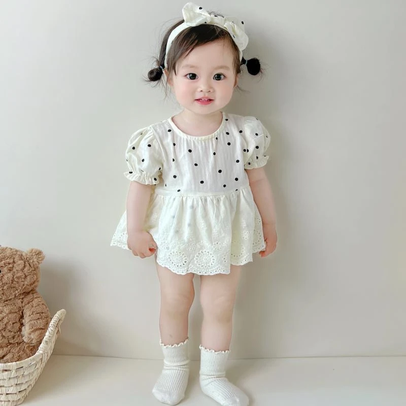 韩版2024夏装婴幼儿蕾丝裙边包屁连体裙女宝宝短袖爬服送发带