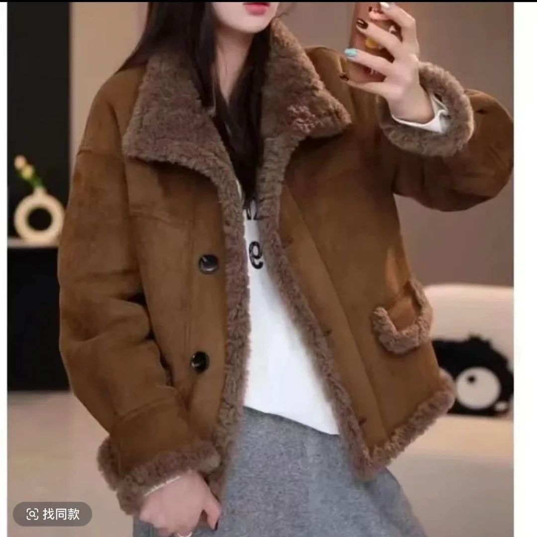2024年秋冬季厚款双面穿休闲反绒面休闲女士毛毛外套时尚短款