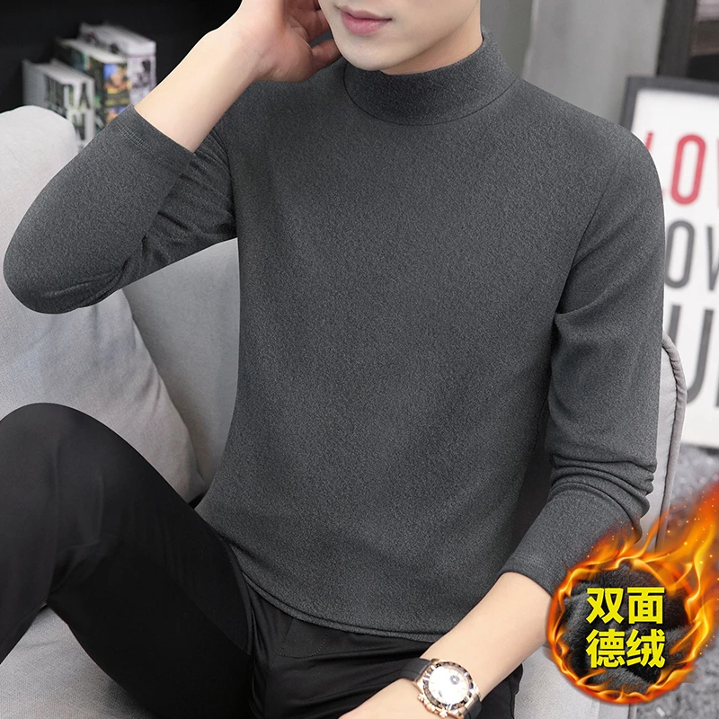 7A级抗菌德绒半高领打底衫男士2024秋冬加绒保暖中领长袖t恤秋衣