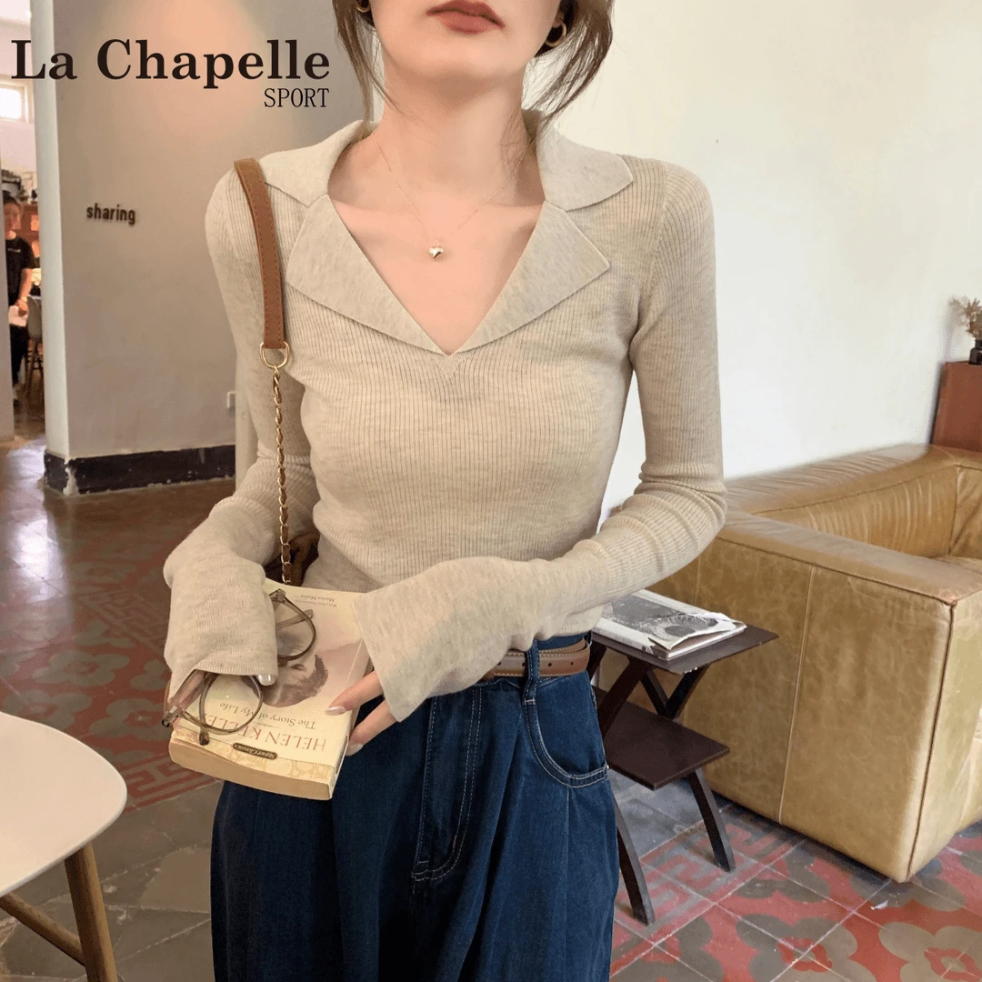 针织打底长袖毛衣女春秋修身polo领设计感气质百搭上衣