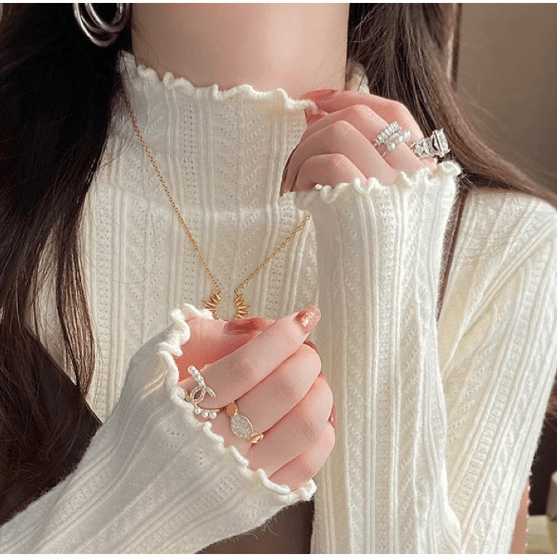 打底衫女冬内搭毛衣木耳边针织衫洋气百搭修身套头显瘦长袖针织衫