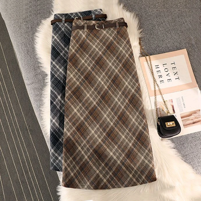 复古百搭格子半身裙女2025秋冬显瘦开叉高腰a字裙中长款包臀步裙