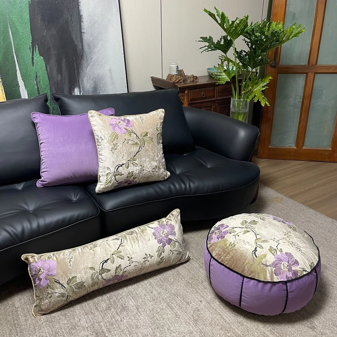 新中式复古进口绒面绣花紫色花大号双面两用抱枕