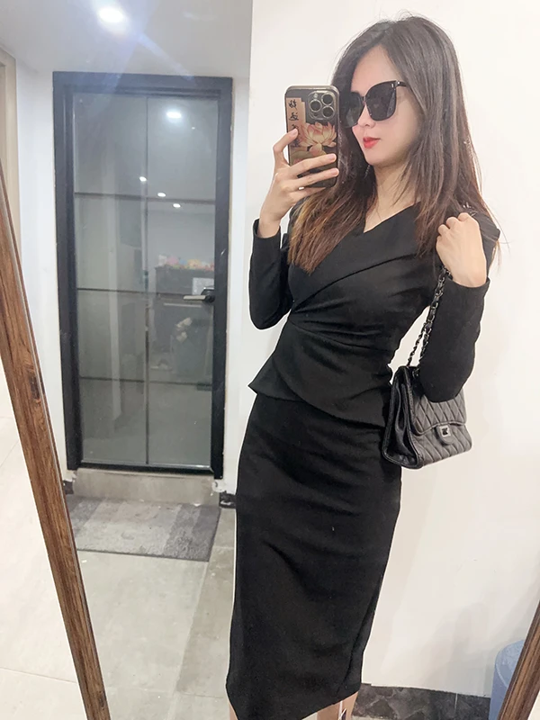 【晶灿专供3】高档黑色长袖连衣裙2025春装新款遮肚显瘦修身包臀裙