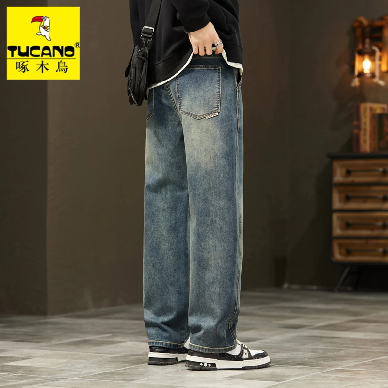 啄木鸟春秋季牛仔裤男士2023新款潮牌宽松直筒百搭弹力锥形长裤男