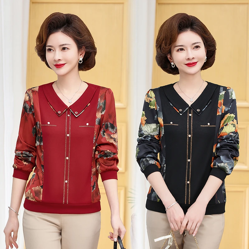 中老年妈妈装春夏新款春装长袖T恤翻领小衫大码时尚显瘦宽松上衣