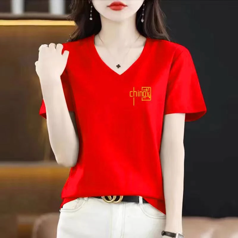 高档V领鸡心领短袖T恤女宽松百搭红色洋气显瘦女士正肩体恤衫