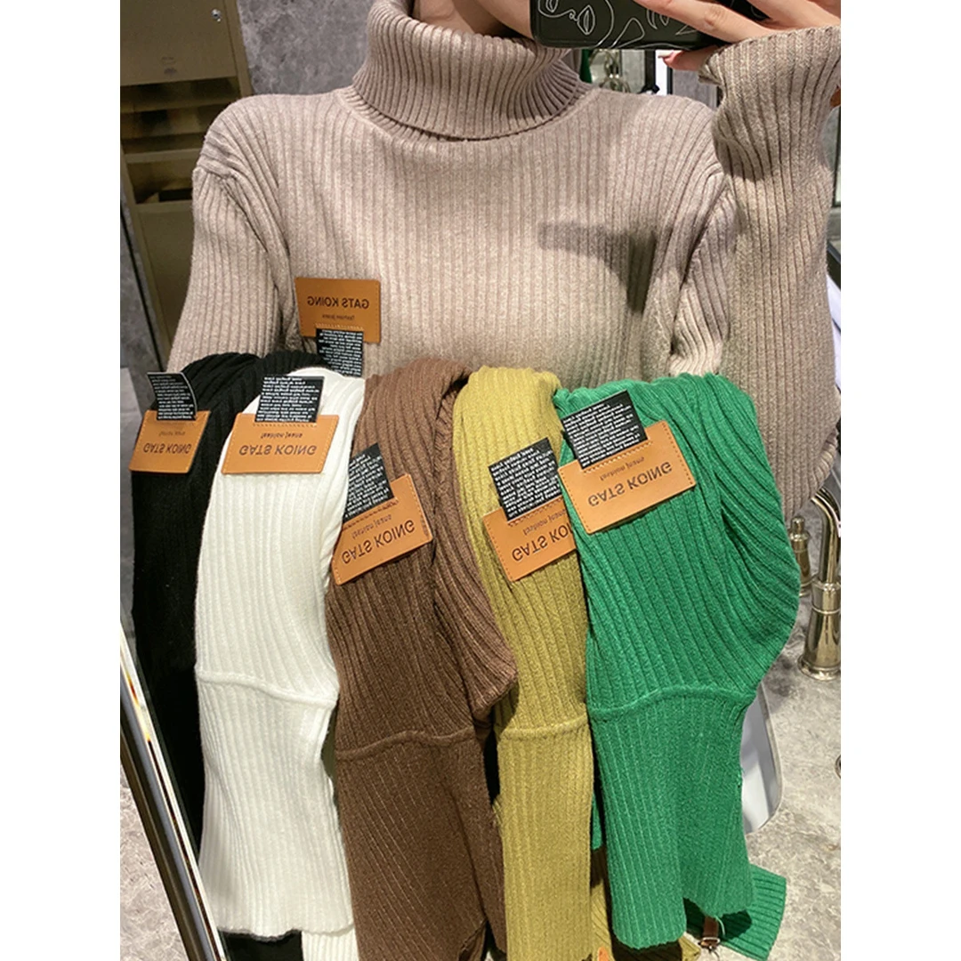 加厚两条毛秋领长袖套头毛衣女螺纹宽松显瘦翻领针织打底衫