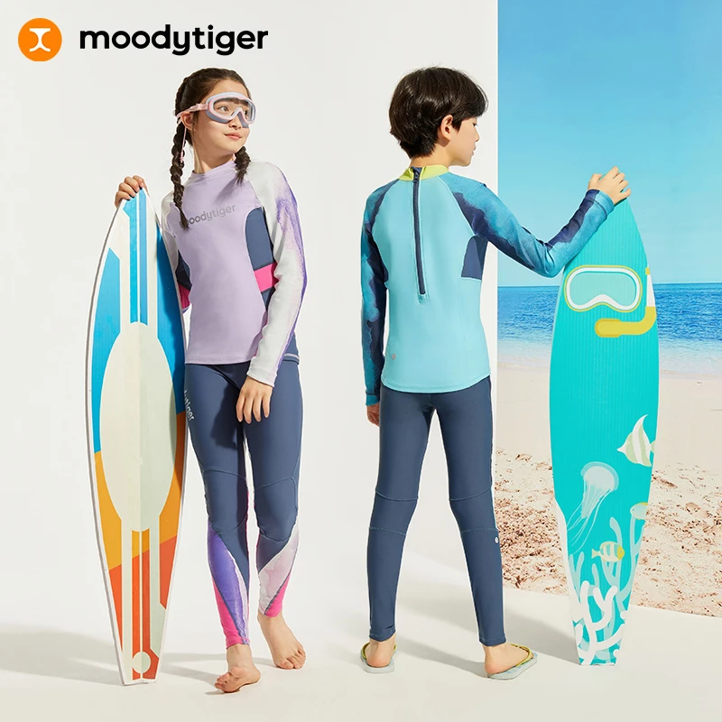 moodytiger【活动】男女童夏新长袖防晒弹力撞色分体泳衣（组合）