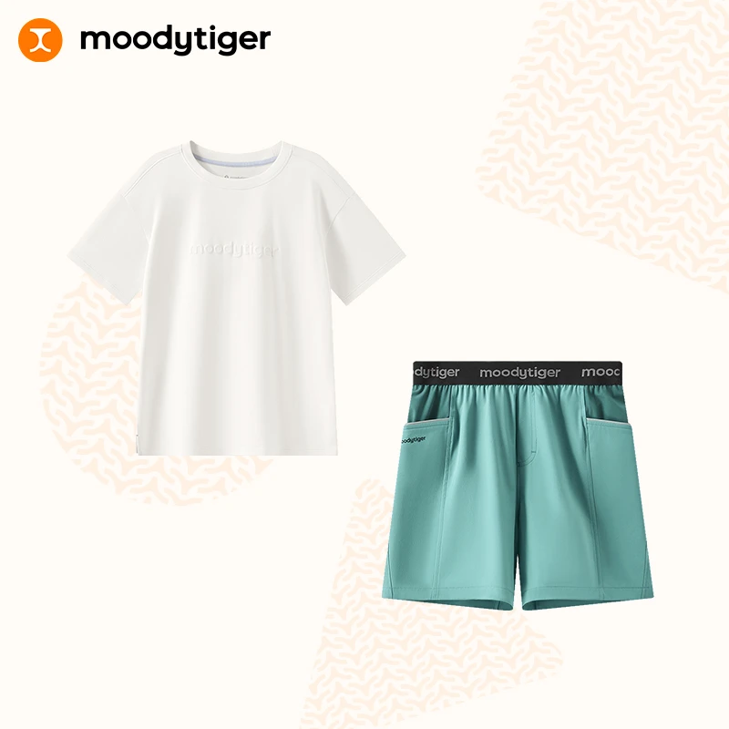 moodytiger夏清凉速干短袖短裤套装纯色T恤梭织短裤弹力运动【H】