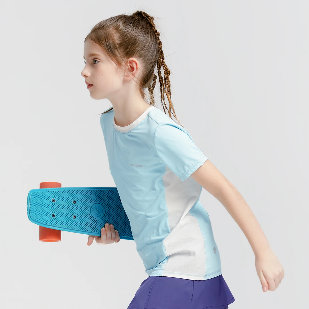 moodytiger儿童春夏轻量运动透气休闲拼接短袖T恤M32210104【H】