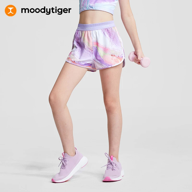 moodytiger儿童裤子夏季新女童宽松印花干湿两穿运动短裤[H]