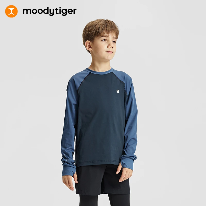 moodytiger儿童T恤春季新款男童撞色拼接防晒长袖运动衫【H】