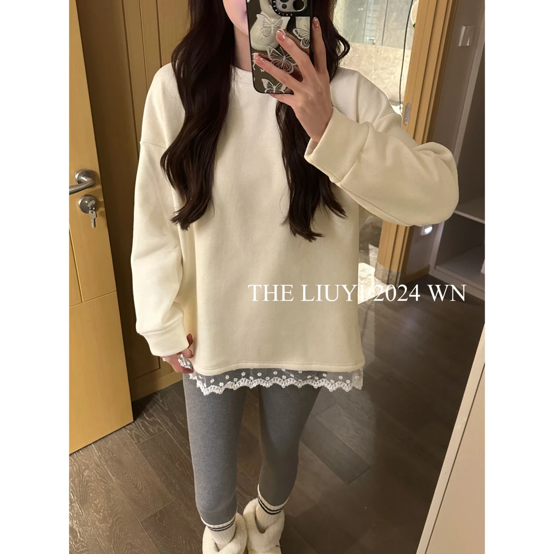 【LIUYI】冬季加绒蕾丝边圆领卫衣412126