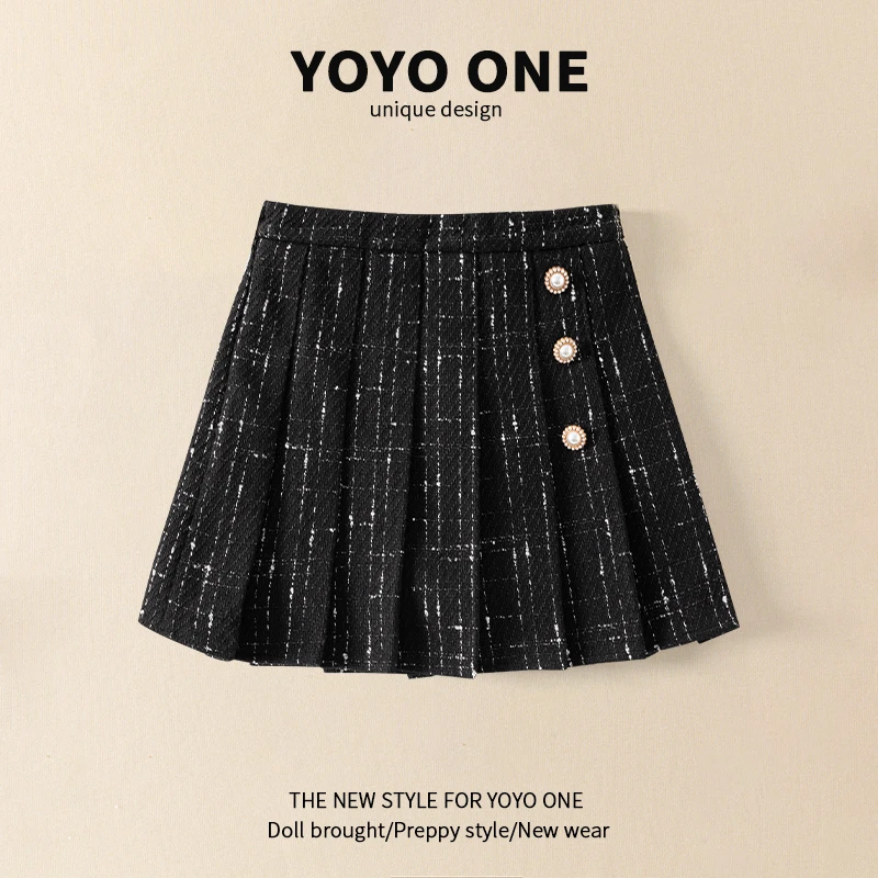 女童半身裙秋冬季百褶裙儿童2023新款冬装女大童毛呢裙子冬款短裙