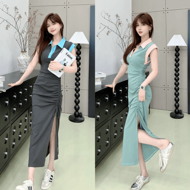 《加州印象》撞色Polo领抽绳连衣裙（衣长123）