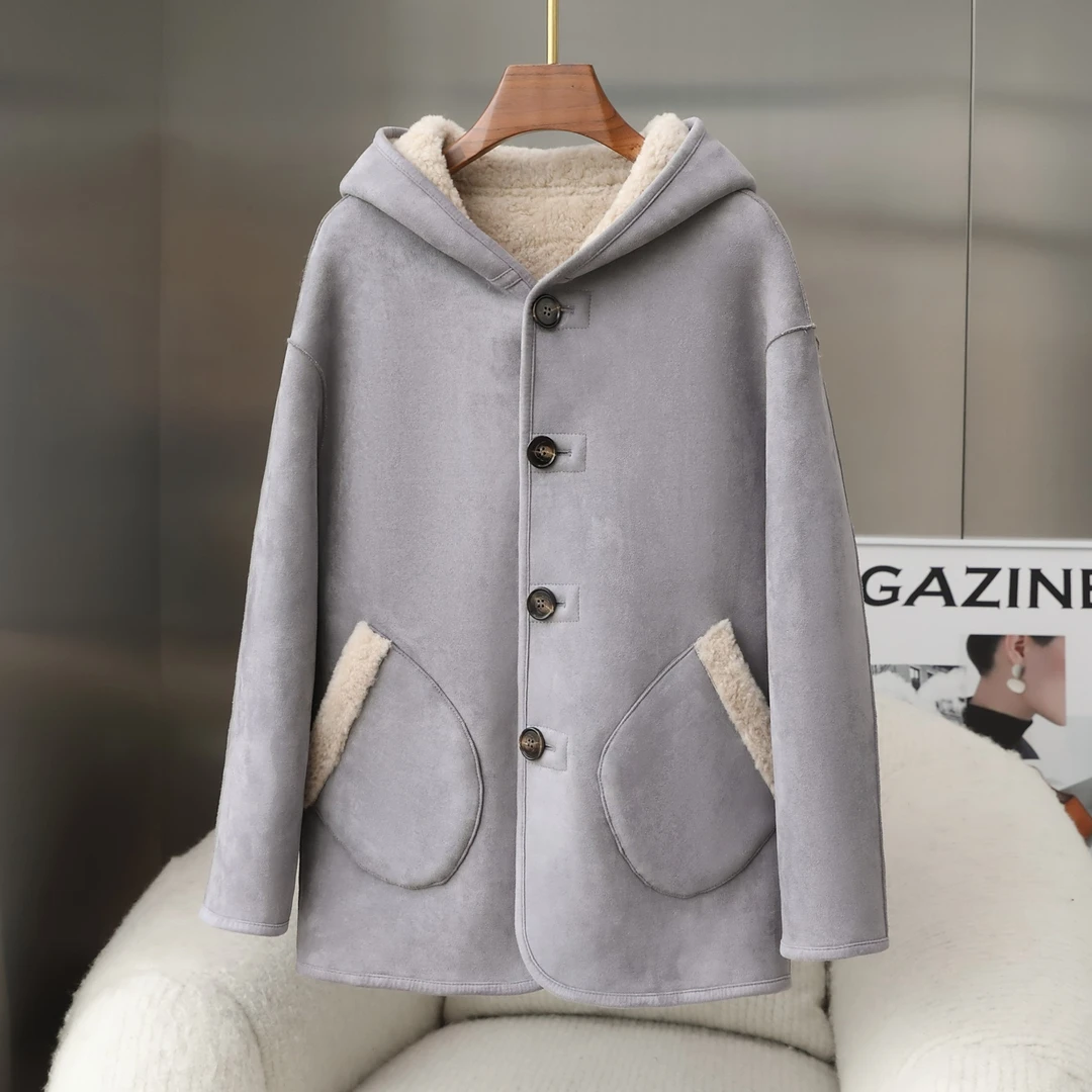 双面穿100%绵羊毛2023新款复合皮毛一体海宁羊剪绒大衣外套女连帽