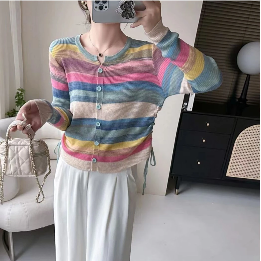 秋季新款拼色彩虹条纹单排扣针织衫圆领显瘦时尚百搭修身上衣长袖