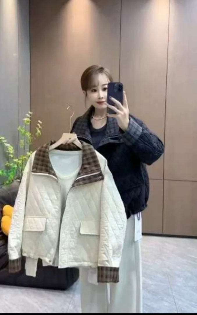 韩系绗缝菱格轻薄棉服女短款宽松立领休闲夹棉外套小棉衣