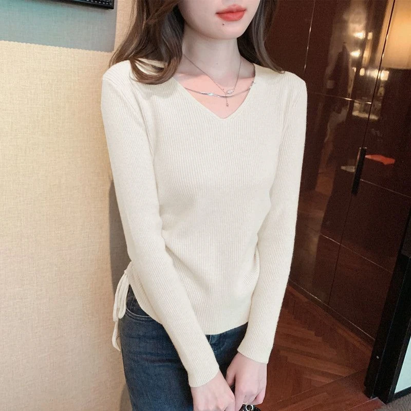 V领抽绳长袖针织衫女秋季新款内搭外穿修身显瘦别致小众T恤上衣