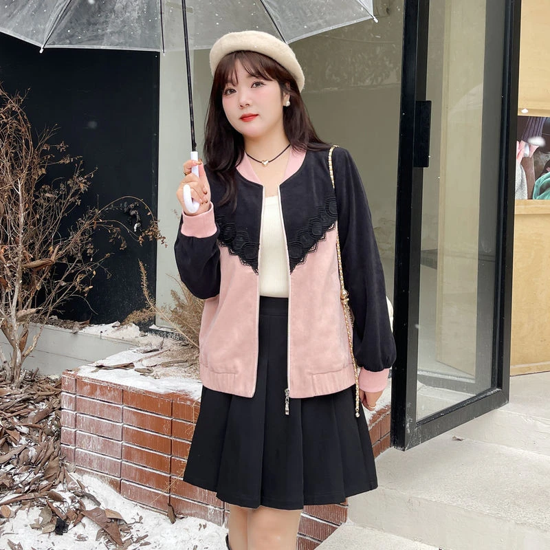 胖mm大码女装显瘦遮肚外套2024春季新款重工撞色拼接棒球服外套女