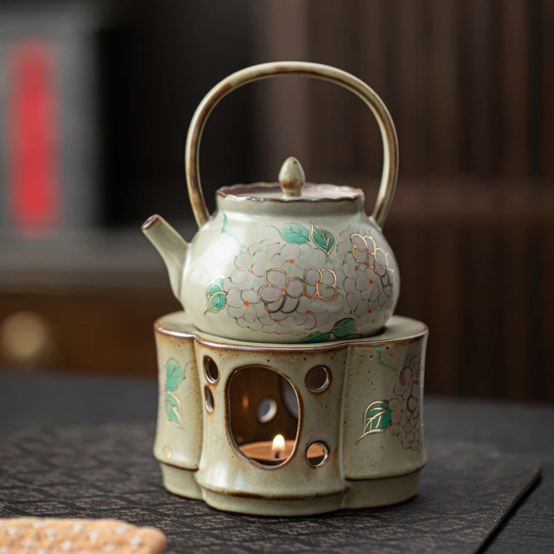 百垚纯手绘描金绣球花茶壶单人专用茶壶陶瓷蜡烛烤茶器家用温茶炉