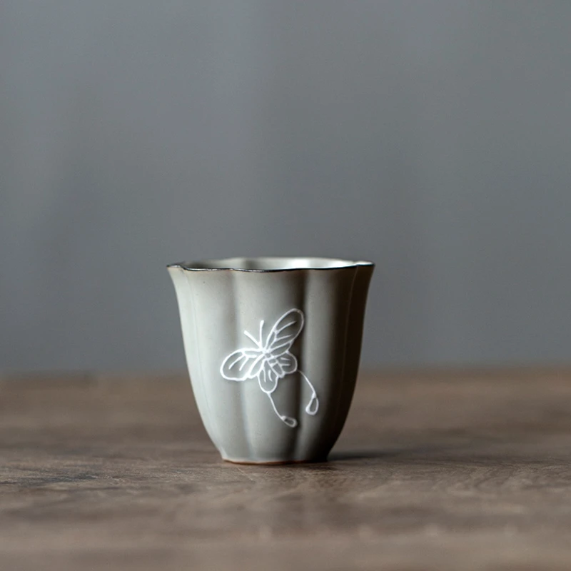 百垚手工蝴蝶花瓣茶杯家用中式品茗杯陶瓷功夫茶具个人专用主人杯