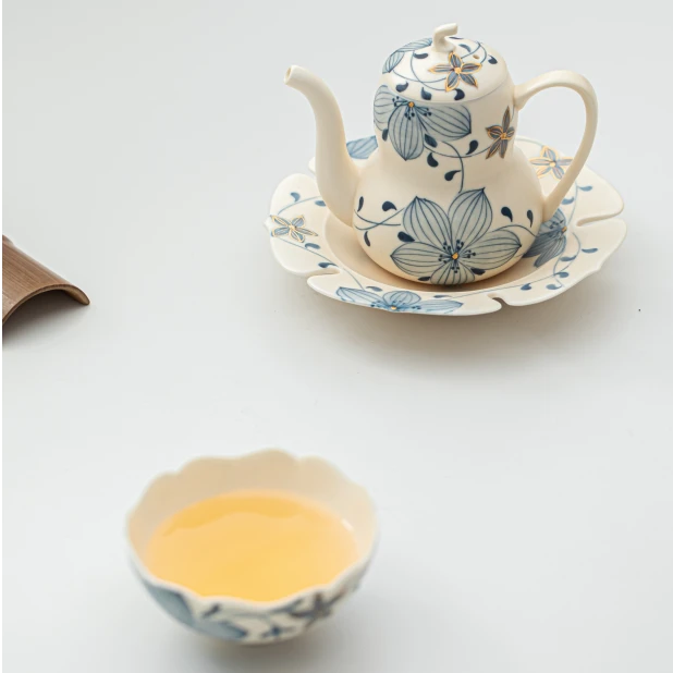 百垚格桑花青花茶壶景德镇贤庭雅叙手绘精致家用泡茶壶简约冲茶器