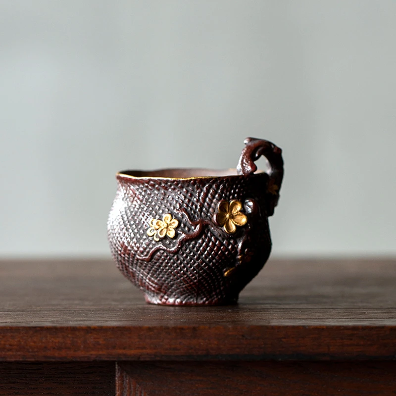 百垚手工老岩泥描金梅花杯复古陶瓷主人杯茶杯功夫茶具单个喝茶杯