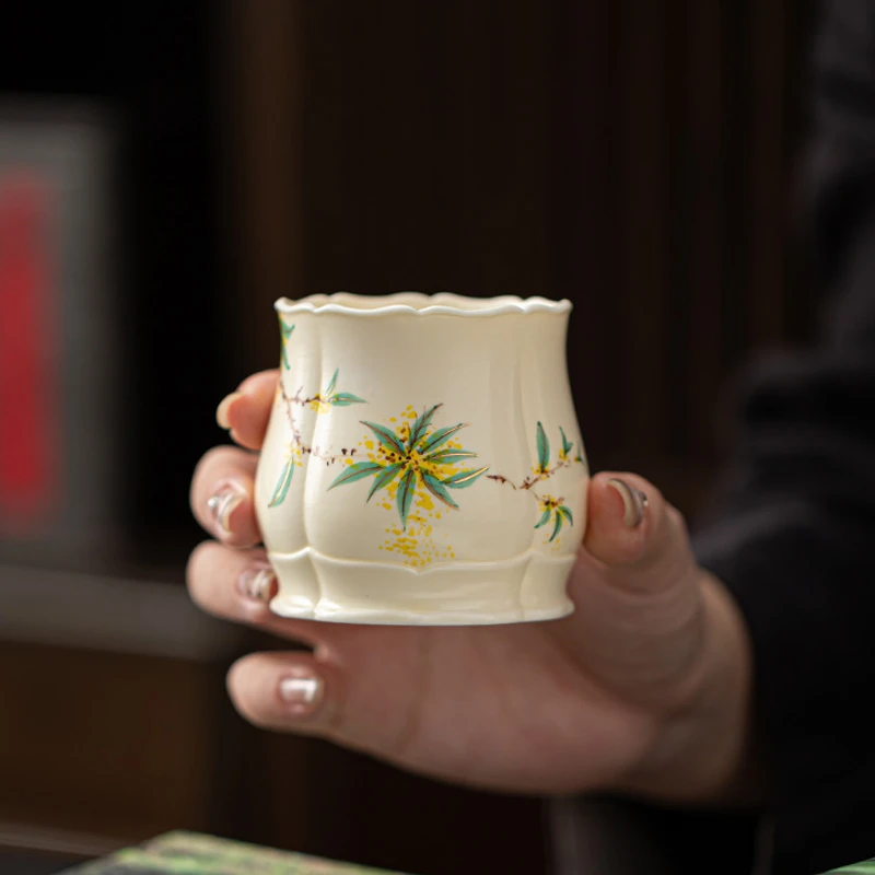 百垚纯手绘桂花茶杯家用陶瓷品茗杯个人专用主人杯单个高足杯茶盏