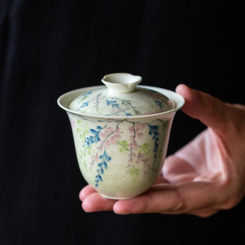 百垚手绘紫藤花哑光盖碗家用陶瓷泡茶碗中式清新风喝茶碗功夫茶具