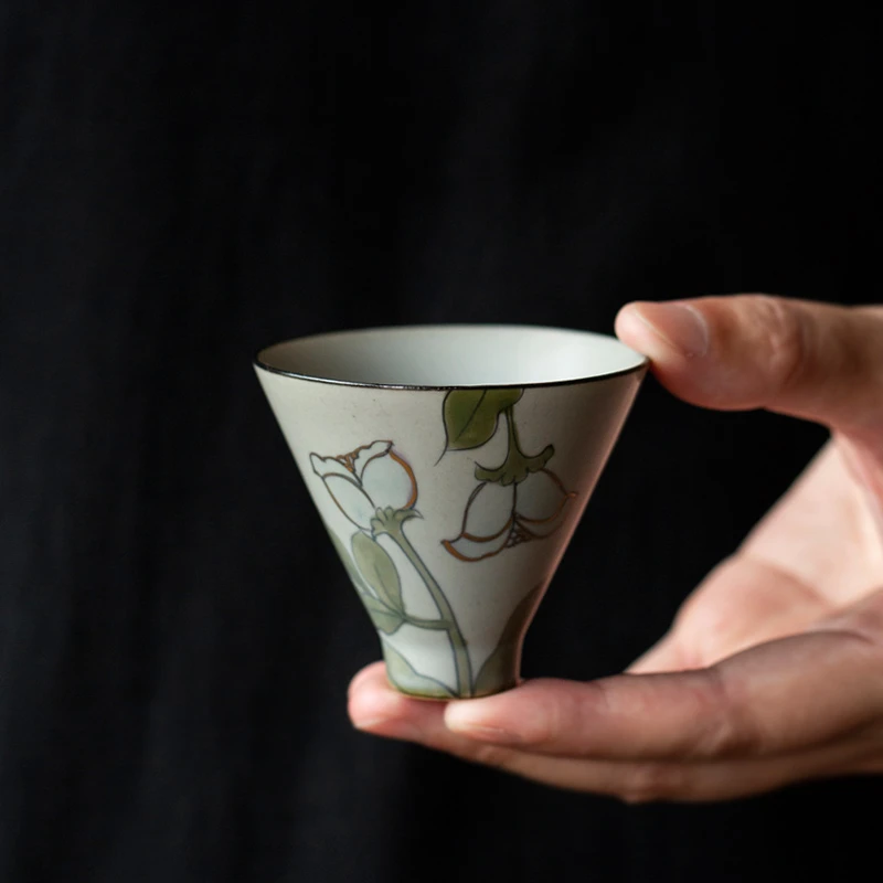 百垚纯手绘郁金香茶杯主人杯家用陶瓷中式斗笠杯女士专用品茗杯子