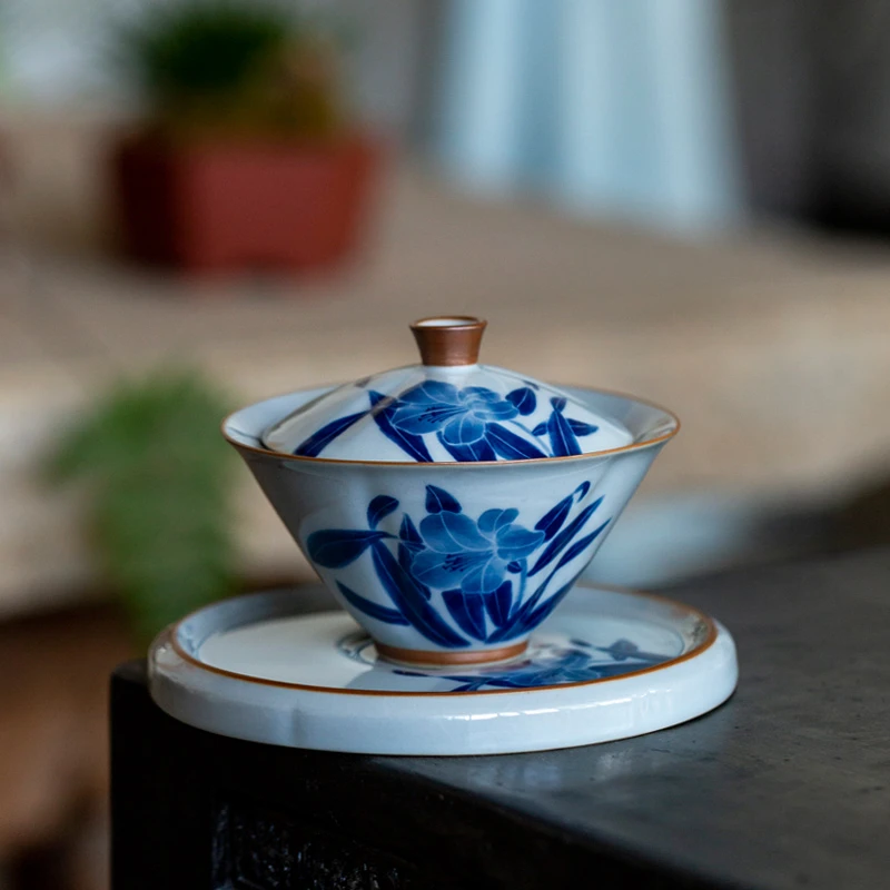 百垚纯手绘百合斗笠三才盖碗家用陶瓷泡茶碗中式复古功夫茶具茶碗