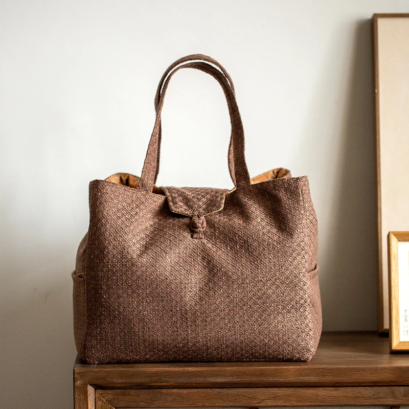 百垚中式手工棉麻大容量茶事包户外便携式旅行手提包双面用收纳包