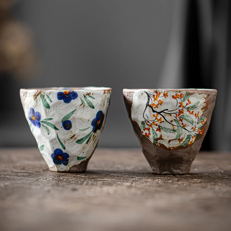 百垚虎井窑手绘老岩泥茶杯复古粗陶品茗杯柴烧创意中式纯手工单杯